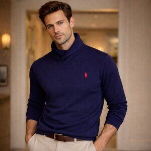 Polo Ralph Lauren Mens Sweater Classic Shawl Neck Size L Navy Blue